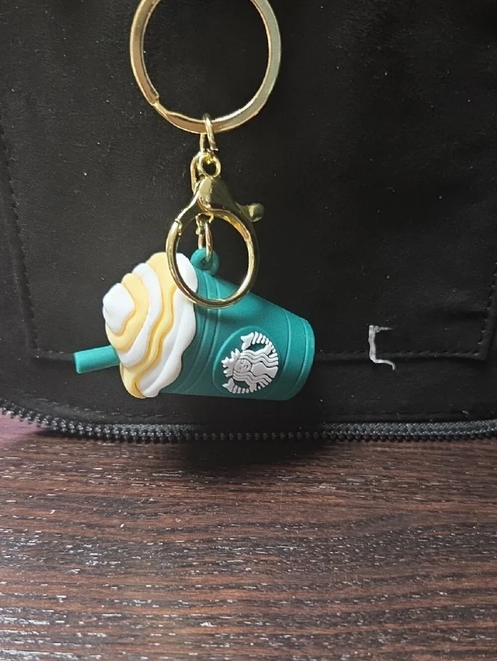 Starbucks Teal Silicone Strap Keychain with Gold Hardware and Frappuccino Charm